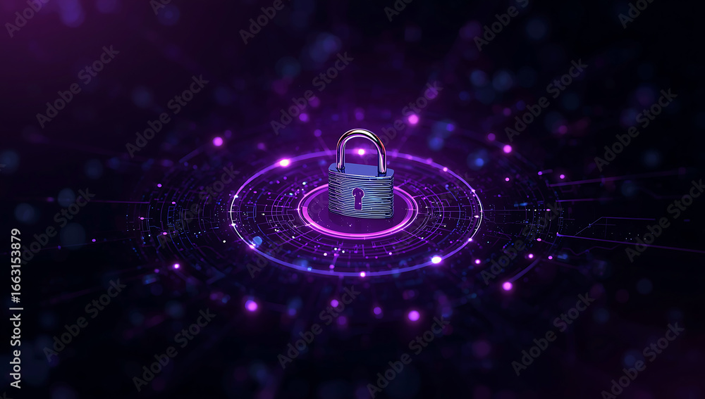 Poster futuristic glowing purple energy vortex with abstract digital patterns and particles on a dark backg