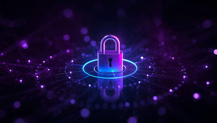 Digital padlock glowing with vibrant purple and blue light representing cybersecurity and data protection
