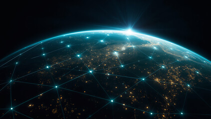 Glowing network of interconnected lights illuminating the earth s surface from space at night