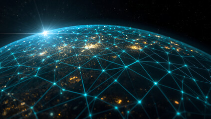Global network of glowing blue connections overlaying the earth at night with city lights visible