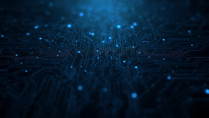 Obraz premium Abstract digital network with glowing blue particles and futuristic circuit board patterns in deep space