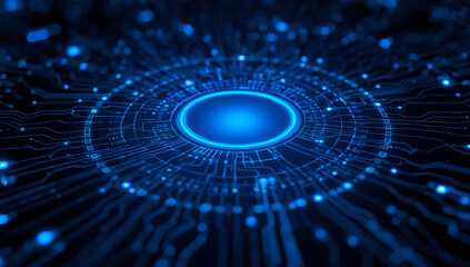 Abstract glowing blue digital circuit board with intricate patterns and futuristic technology concept