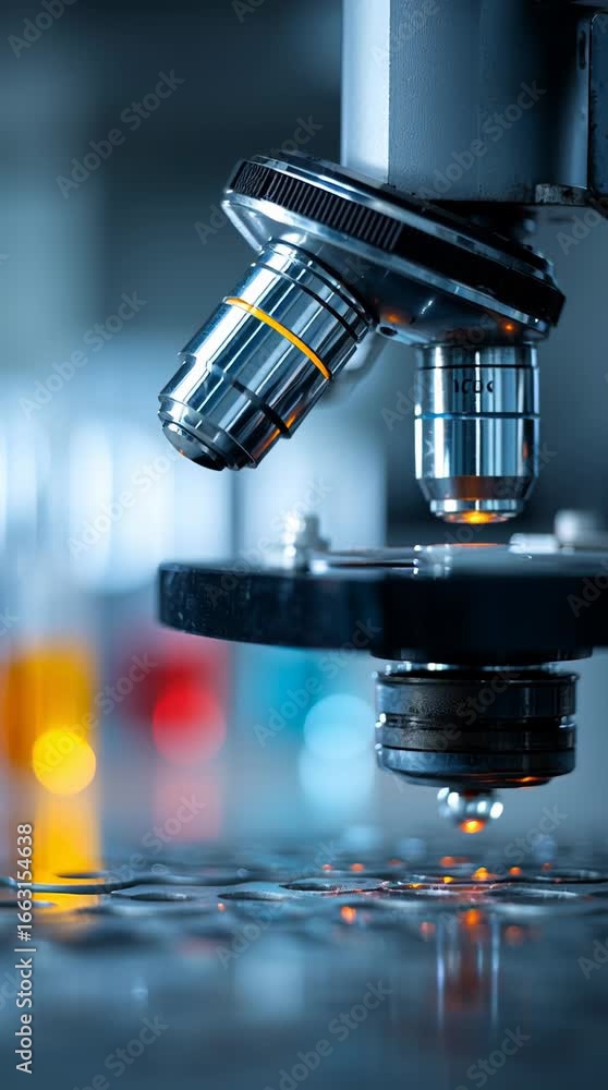 Poster close-up view of a microscope in a laboratory setting with illuminated slides and vibrant liquid sam