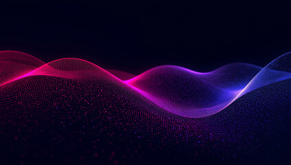 Abstract flowing particle wave in vibrant pink and blue neon light against a dark background