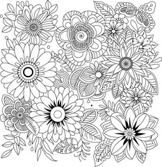 Intricate floral arrangement of detailed line art flowers for coloring or design white background
