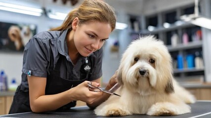 Pet Groomer: A close-up view of a professional pet groomer meticulously trimming the fur of a fluffy dog, showing the essence of care, skill, and the bond between pets and their caretakers.
