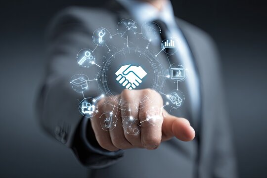 Businessperson interacts with a digital interface showing a handshake surrounded by various business icons, symbolizing collaboration and networking - Powered by Adobe