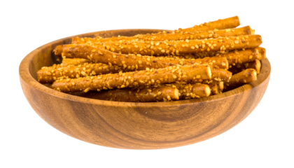 Wooden bowl filled with sesame seed pretzel sticks Isolated on solid white Background Png format