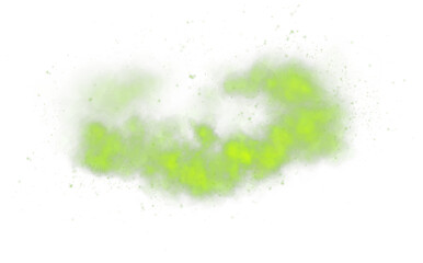 A soft green dust cloud drifts through the air, illuminated by tiny glowing particles.