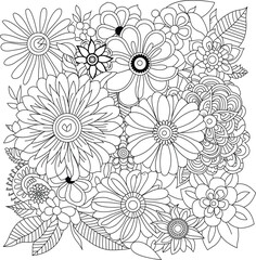 Intricate black and white floral design with various flowers and leaves detailed line art white background