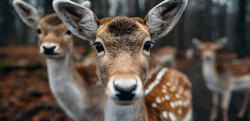 Closeup of cute fluffy dears outdoors in the countryside in a fa