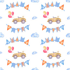 Seamless pattern of garland of flags, balloons, wooden cubes, beige cars. 