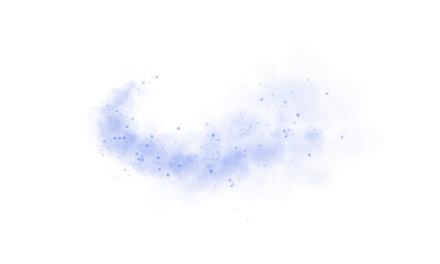 A soft blue dust cloud drifts through the air, illuminated by tiny glowing particles.