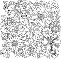 Intricate floral design coloring page for adults with detailed petals and leaves white background