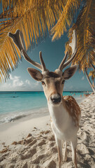 Reindeer enjoys tropical beach vacation.