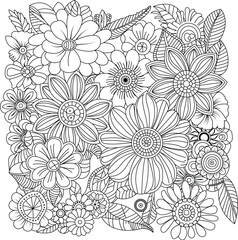 Intricate floral design coloring page with many detailed flowers and leaves white background