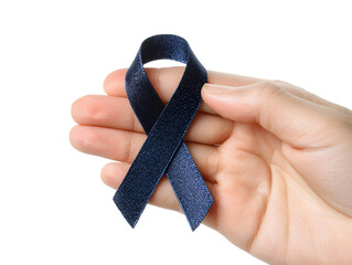 Royal dark navy blue ribbon awareness in hand for Arthritis, Chronic Fatigue Syndrome, Colitis, Colon, Colorectal Cancer isolated on white background with clipping path.