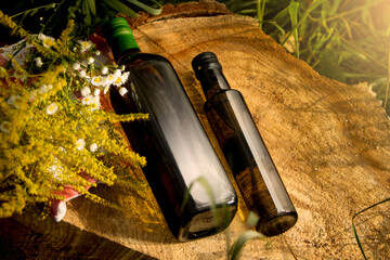 Tinted glass bottles for olive oil, rapeseed oil, and other food products. A healthy, natural cooking oil. A bottle of oil against a natural backdrop, with a cut tree trunk and wildflowers.