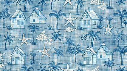 Charming blue and white seamless pattern with houses, palm trees, and starfish, evoking a tropical beach vibe