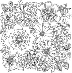 Intricate floral pattern coloring page with diverse flower shapes and decorative leaves for relaxation and creativity white background
