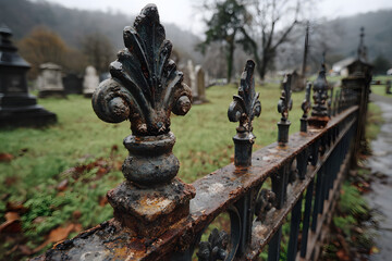 Rusty wrought iron fence with ornate finials surrounding an old cemetery on a cloudy day.
