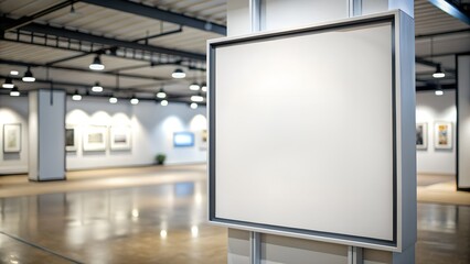 Empty white frame mockup in a modern art gallery exhibition hall with spotlights