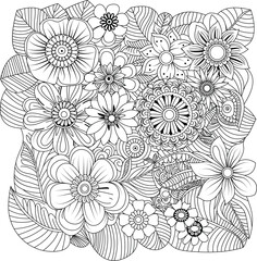 Intricate black and white floral pattern detailed drawing for coloring and design white background