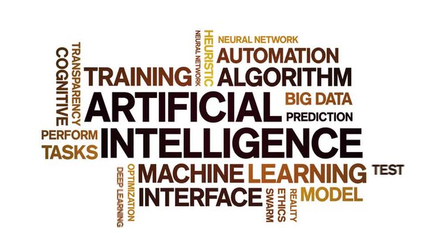 Artificial intelligence animated word cloud-text design animation tag kinetic typography seamless loop.
