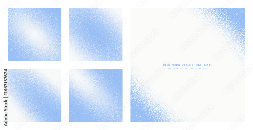 Poster assorted vector blue noise halftone pattern set in square 1:1 aspect ratio including round smooth bl