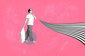 Collage of stylish person with hypnotic swirl and geometric pattern black white waves background in...