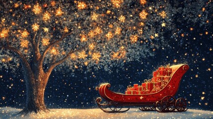 A bright red sleigh loaded with gifts, parked under a sparkling Christmas tree 