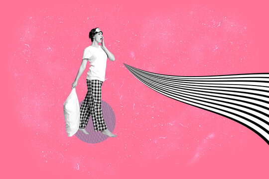 Fototapeta Collage of stylish person with hypnotic swirl and geometric pattern black white waves background in modern pop style