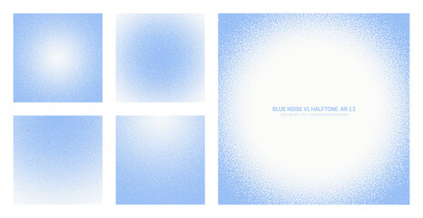 Fototapeta premium Assorted vector blue noise halftone pattern set in square 1:1 aspect ratio including round smooth blurred frame and various textures. Varied half tone grain texture universal design element collection