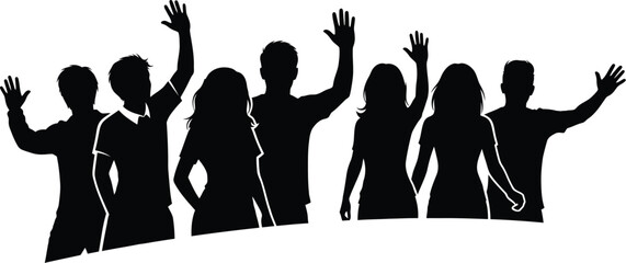 Silhouette of a diverse group of people waving their hands in a friendly greeting, , symbolizing unity, support, and community spirit