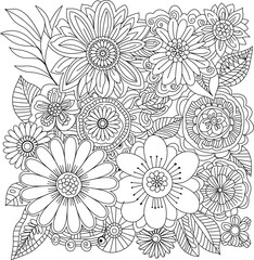 Intricate line art floral arrangement bursting with detailed blooms and leaves for coloring white background