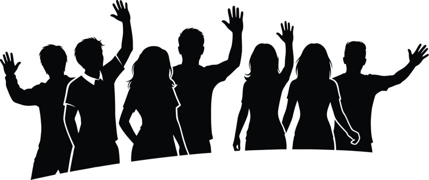 Silhouette of a diverse group of people waving their hands in a friendly greeting, , symbolizing unity, support, and community spirit