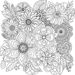Detailed mandala-style floral pattern intricate hand-drawn black and white art for coloring and design white background
