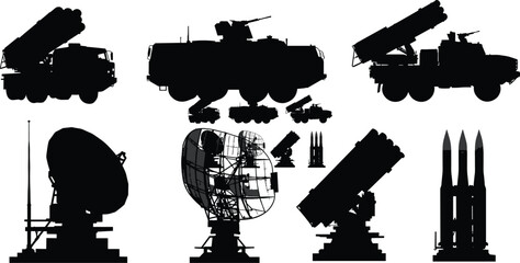 Military missile launcher silhouettes, radar system icons, air defense equipment, tactical vector set, warfare technology, black illustration, defense concept © Bappi Creatives