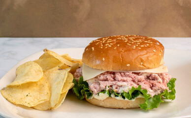 spam salad sandwich with  potato chips