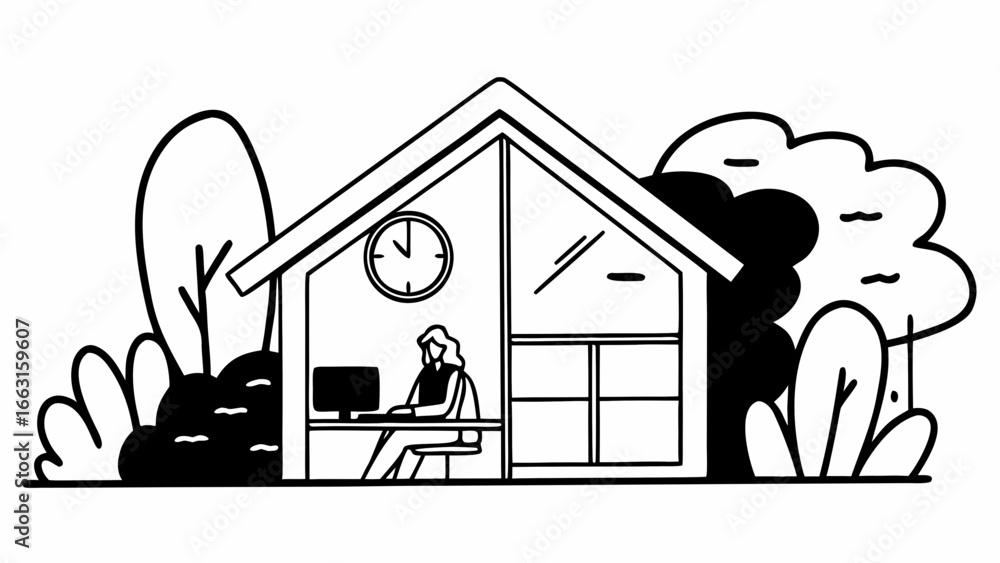 Poster person working at computer inside house with clock and trees in black and white outline style image