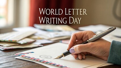 World Letter Writing Day, Classic montage artwork showing close up of hand writing with elegant fountain pen.