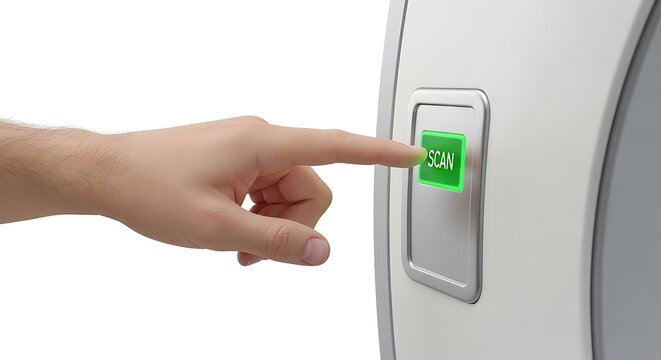 Finger Pushing Illuminated Green Scan Button on Medical Device