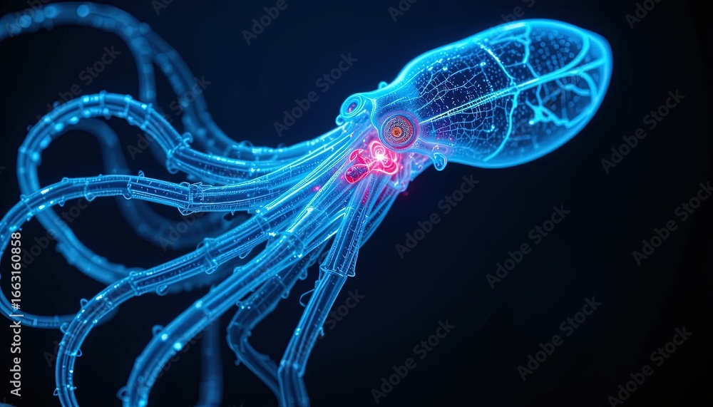 Poster a glowing, digital representation of an octopus, showcasing its intricate network of components and 