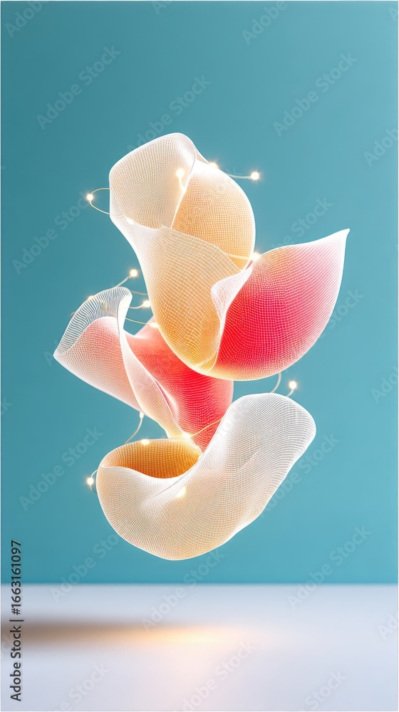 Poster floating abstract shapes with soft glow in teal setting