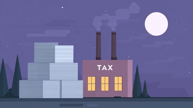 Flat Design of Industrial Warehouse with Tax Sign and Smoke Stacks at Night