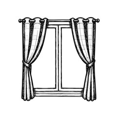 Window with curtains drawn in simple black line art style  