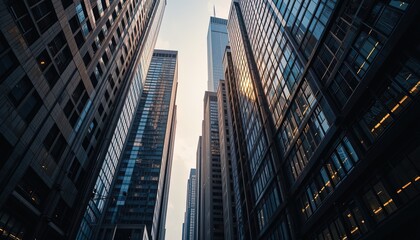 Fototapeta premium Towering city buildings rise dramatically against a clear sky, showcasing intricate architectural details and reflecting light.