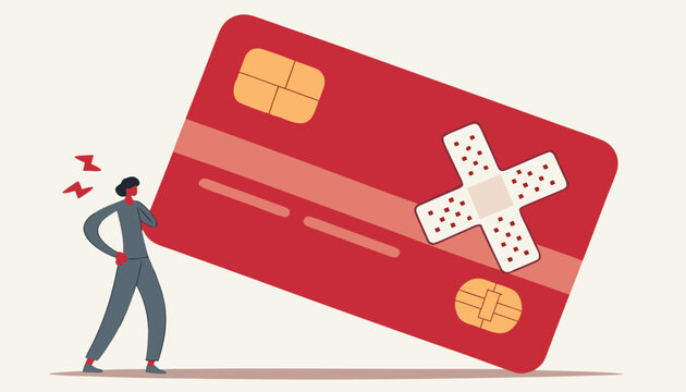 Credit repair, process to fixing poor credit standing, recover from financial mistake or negotiate with lender concept, confidence mini suited businessman stand with gaint and huge fixed and repaired 