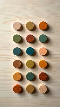 Color Palette Swatches Wooden Circles on Light Wood Grain Background color swatches paint samples