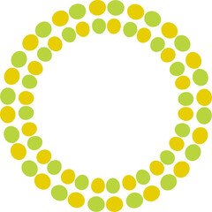 Yellow and green circles forming a circular pattern on white background abstract